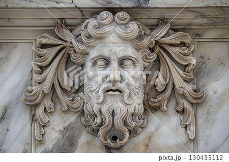 Close up of a white marble mascaron depicting roman god Janus with acanthus leaves decoration, architectural detail 130455112
