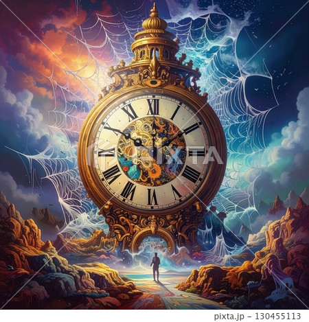 Enormous fantasy clock tower decorated with spider webs in surreal glowing sky, symbolizing mysterious passage of time in dreamlike magical landscape 130455113