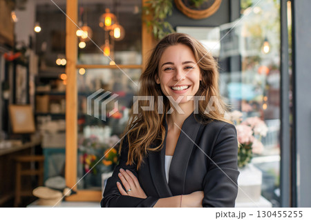 Young female entrepreneur is smiling with her arms crossed in front of her flower shop 130455255