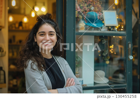 Young female entrepreneur is posing with crossed arms in the entrance of her shop 130455258