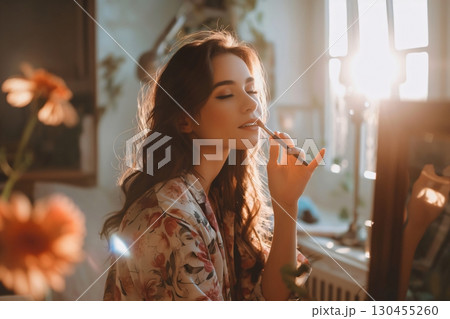 Young woman is applying lipstick in the morning sun, getting ready for the day Young woman is applying lipstick in the morning sun, getting ready for the day 130455260