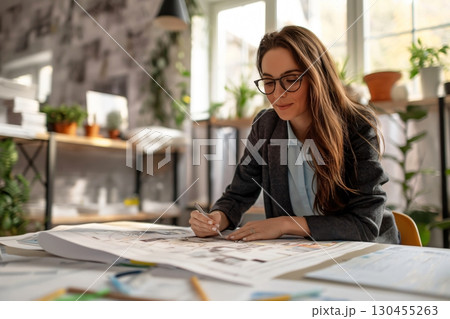 Young female architect concentrating on drawing a construction plan in her office Young female architect concentrating on drawing a construction plan in her office 130455263