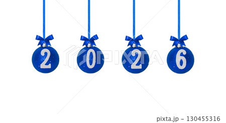 Composition of blue Christmas and New Year balls with blue ribbon hanging on white background 130455316