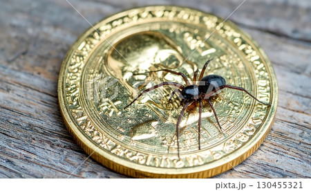 Black ant crawling on golden coin with skull engraving, creating surreal contrast between insect life and metallic death symbol in mysterious fantasy horror atmosphere Black ant crawling on golden coin with skull engraving, creating surreal contrast between insect life and metallic death symbol in mysterious fantasy horror atmosphere 130455321