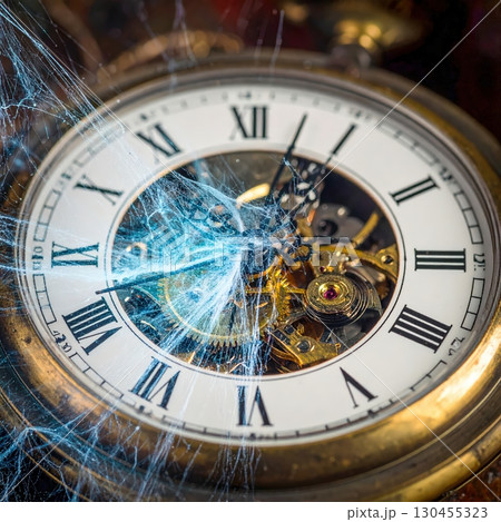 Pocket watch glowing with surreal blue light through spider webs, symbolizing mystery, time, and gothic fantasy design 130455323
