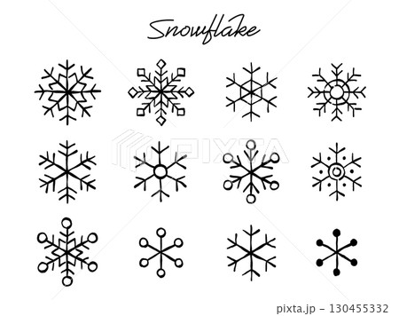 手描きの様々な雪の結晶のベクターイラストセット(モノクロ線画) 130455332