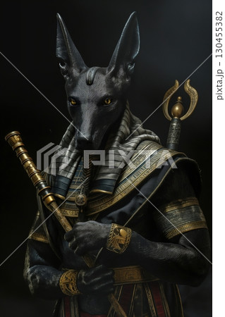 Anubis, egyptian god of the afterlife, posing majestically with his crook and flail, on a black background 130455382