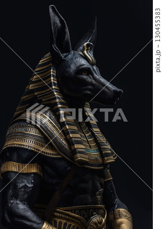 Majestic statue of anubis, the ancient egyptian god of death and the afterlife, stands solemnly, adorned in ornate gold attire, against a stark black backdrop 130455383
