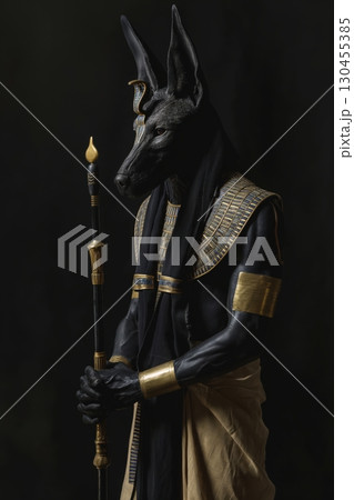Anubis, egyptian god of the afterlife, wearing gold and black, holding a staff, looking right 130455385