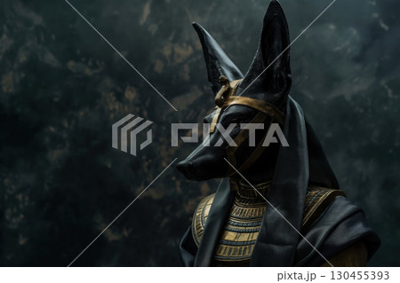 Black statue of anubis wearing a golden mask and looking right with a dark background 130455393