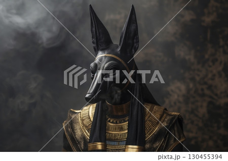 Majestic statue of anubis, the egyptian god of the afterlife, is surrounded by smoke, creating a mysterious and ancient atmosphere 130455394