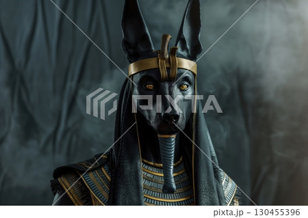 Anubis, egyptian god of death, wearing gold and looking powerful in front of a dark background 130455396
