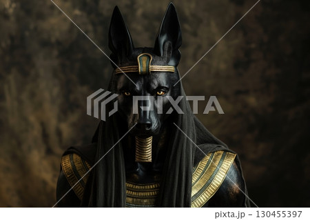 Dark and dramatic depiction of anubis, the egyptian god of death, wearing gold and black 130455397