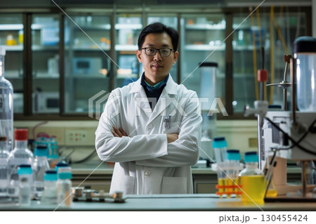 Scientist is standing with his arms crossed in a laboratory full of scientific equipment 130455424