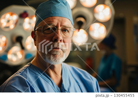 Surgeon is posing for a portrait in an operating room with surgical lights behind him and a nurse out of focus 130455455