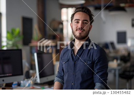 Confident young businessman in a modern startup office, smiling at the camera with a determined expression, surrounded by technology and creativity 130455482