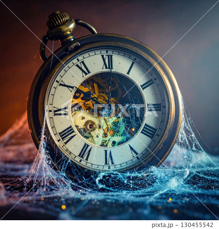 Pocket watch with exposed gears surrounded by spider webs, representing mysterious flow of time and gothic surreal design 130455542