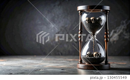Old wooden hourglass with dark sand glowing faintly in mysterious light symbolizing the countdown of Halloween night 130455549
