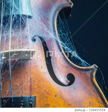 Old wooden violin close up covered with spider webs and dust symbolizing eerie forgotten haunted music 130455558