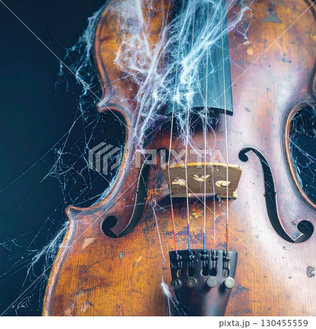 Vintage violin surrounded by cobwebs glowing in mysterious light with eerie haunted Halloween mood 130455559