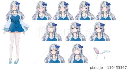 セミロングの可愛い女の子の立ち絵イラスト素材 - アニメタッチ全身キャラクター 130455567