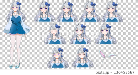 セミロングの可愛い女の子の立ち絵イラスト素材 - アニメタッチ全身キャラクター 130455567
