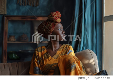 Young black woman wearing traditional african clothes is sitting on a sofa and looking out the window 130455636