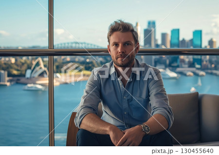 Businessman is taking a break in a modern office building, sitting and enjoying the view of the sydney skyline through a large window 130455640