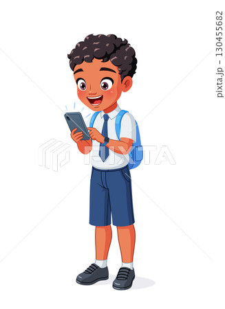 Happy young Indian boy looking excitedly at his cell phone. Cartoon vector illustration. Happy young Indian boy looking excitedly at his cell phone. Cartoon vector illustration. 130455682