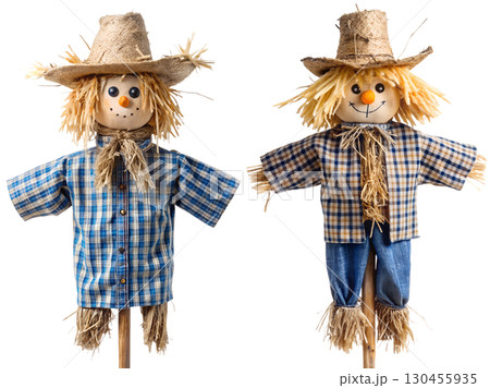 Traditional straw scarecrow with patched clothes and hat, standing isolated on transparent background, farm field guardian 130455935