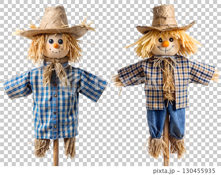Traditional straw scarecrow with patched clothes and hat, standing isolated on transparent background, farm field guardian 130455935