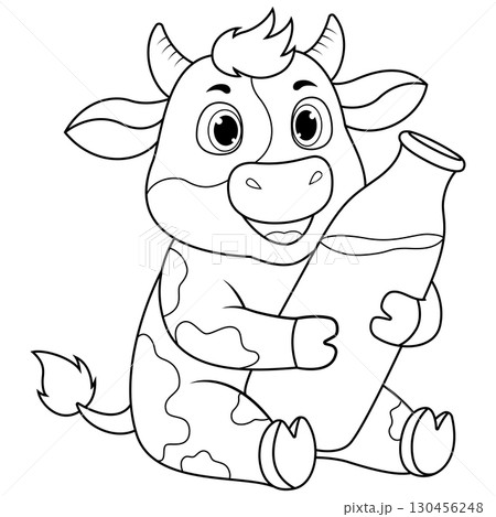 Cute cartoon cow holding a milk bottle, coloring page for kids 130456248