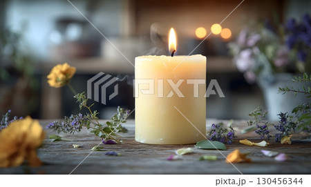 Lit Candle with Smoke and Floral Decorations Lit Candle with Smoke and Floral Decorations 130456344
