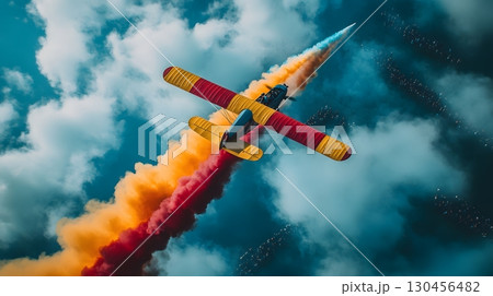 Colorful Biplane Performing in a Cloudy Sky 130456482