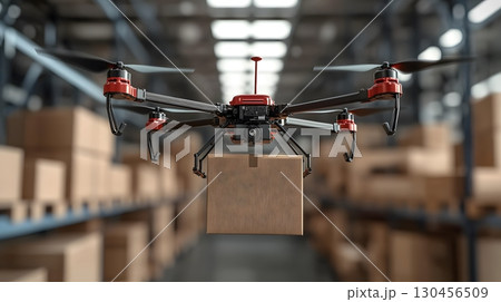 Delivery Drone Carrying Package Inside Warehouse Delivery Drone Carrying Package Inside Warehouse 130456509