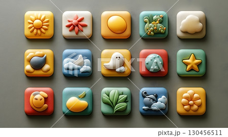 Playful Weather and Nature Icons on Square Buttons Playful Weather and Nature Icons on Square Buttons 130456511