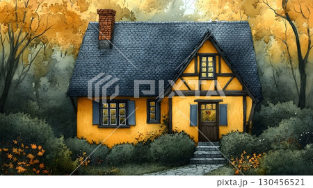 Cozy Yellow Cottagecore House in Autumn Forest Illustration 130456521