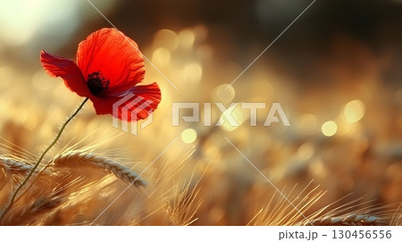 Red poppy flower growing in golden wheat field 130456556