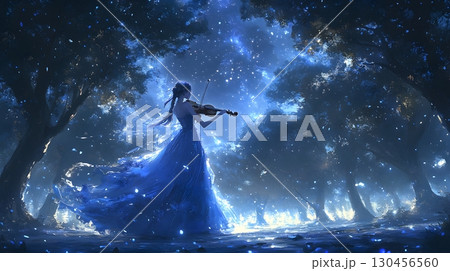 Enchanting Woman Playing Violin in Moonlit Forest Enchanting Woman Playing Violin in Moonlit Forest 130456560