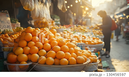 Fruit Stand with Oranges at Outdoor Marketplace 130456597