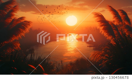 Tranquil Sunset Over River with Silhouetted Grass and Birds 130456678