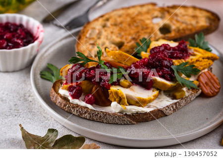 Leftover Thanksgiving day sandwich with turkey Leftover Thanksgiving day sandwich with turkey 130457052