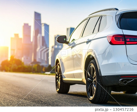 夕焼けに染まる高速道路と街並み 130457216