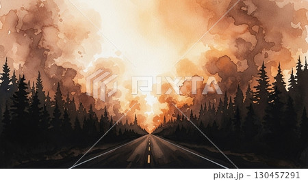 水彩で描かれた森林火災と煙立つ道路のイラスト素材 [130457291] - PIXTA