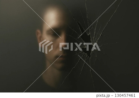 Minimalist Hyperrealistic Cracked Mirror with Fragmented Face 130457461