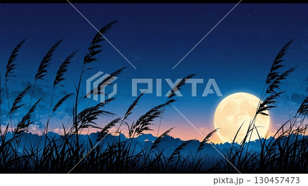 お月見・秋の夜長・満月・すすき10（16:9） 130457473