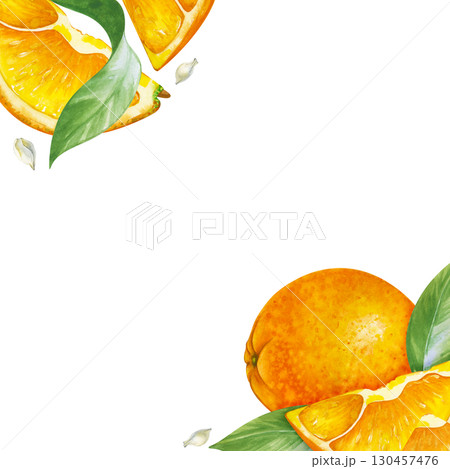 Watercolor square frame with juicy fruits hand-drawn. Whole oranges, slices, green leaves and seeds. A botanical template with seasonal fruits for packaging, wallpaper, kitchen textiles, and tableware Watercolor square frame with juicy fruits hand-drawn. Whole oranges, slices, green leaves and seeds. A botanical template with seasonal fruits for packaging, wallpaper, kitchen textiles, and tableware 130457476