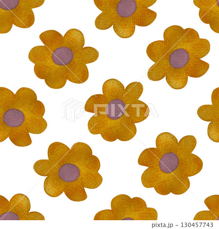 Watercolor yellow flower seamless pattern. Stylized yellow flowers with pink centers on white background. 130457743