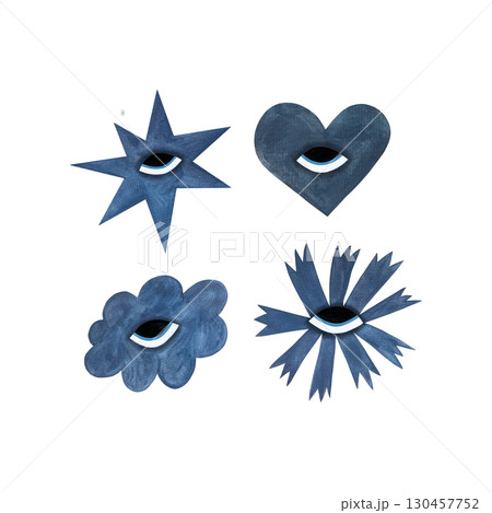 A watercolor set of muted blue stylized elements with eyes, featuring a star, heart, cloud, and a flower with cornflower-like petals, on a white background. This soft and whimsical collection is A watercolor set of muted blue stylized elements with eyes, featuring a star, heart, cloud, and a flower with cornflower-like petals, on a white background. This soft and whimsical collection is 130457752