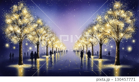 並木道のイルミネーションと雪景色 水彩タッチ 並木道のイルミネーションと雪景色 水彩タッチ 130457771